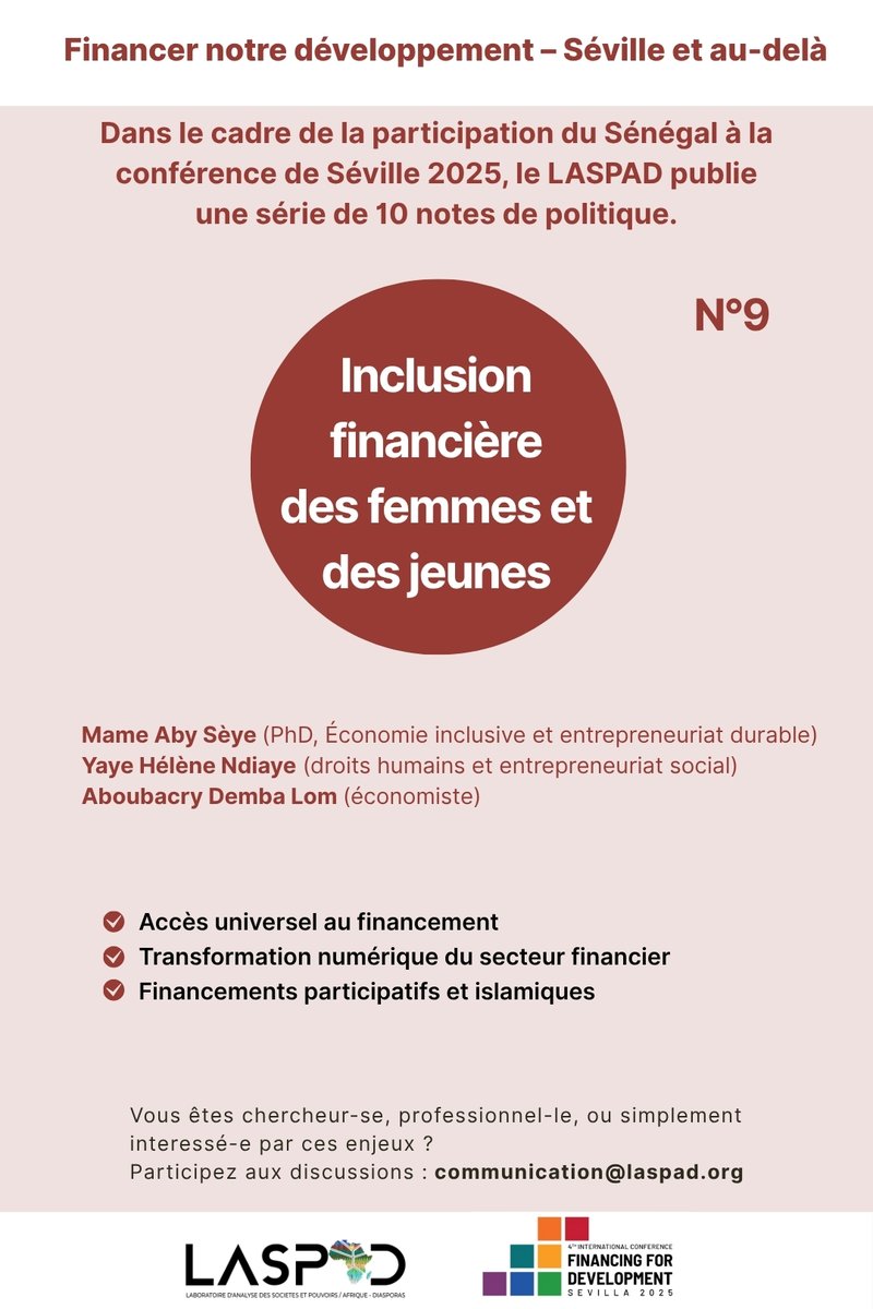 Note de politique n°9 – LASPAD
Inclusion financière des femmes &amp; jeunes : un levier clé pour une économie résiliente 🇸🇳
Fonds de garantie inclusive
API bancaire nationale
Sukuk communautaires
Lire : urls.fr/DADxbc
communication@laspad.org
#Séville2025 #Inclusion #Laspad
