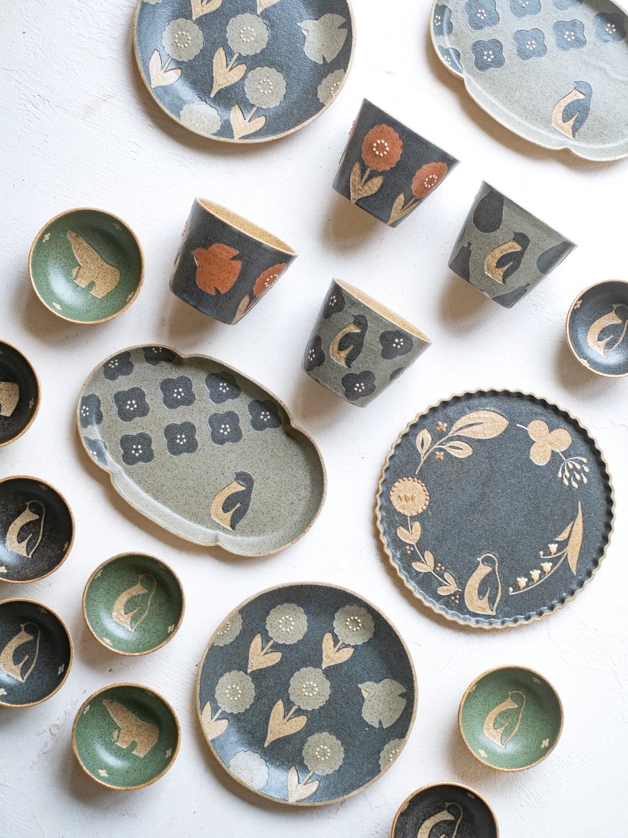 苔色工房 田中遼馬 ミントグリーン ピンク チューリップ 大皿小皿 各4