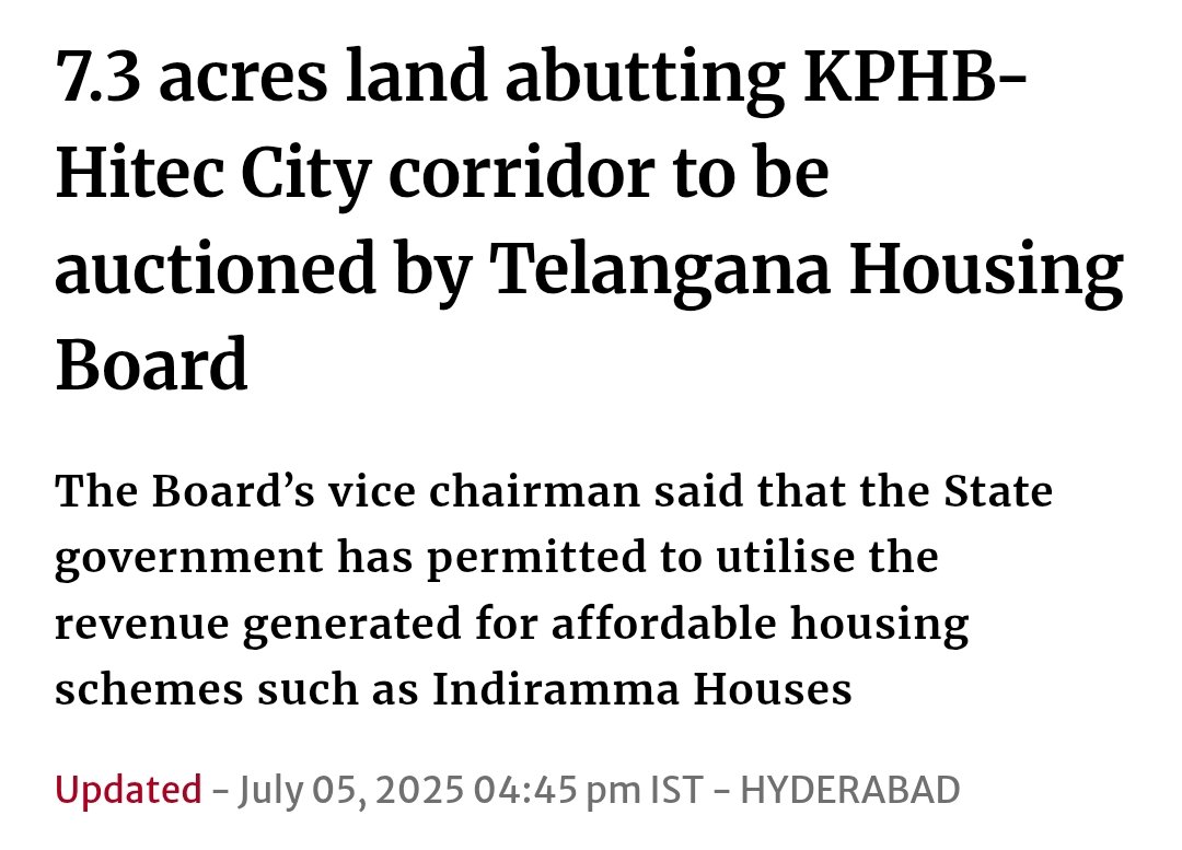 abhinavaduri9's tweet image. 🚨 Telangana Housing Board to auction 7.3 acres prime land near KPHB–Hitec City!

✅ Minutes from Hitec City, Gachibowli, Financial District
✅ Revenue to fund affordable Indiramma housing

#HyderabadRealEstate #TelanganaHousing #HitecCity #PropertyAuction #AffordableHousing