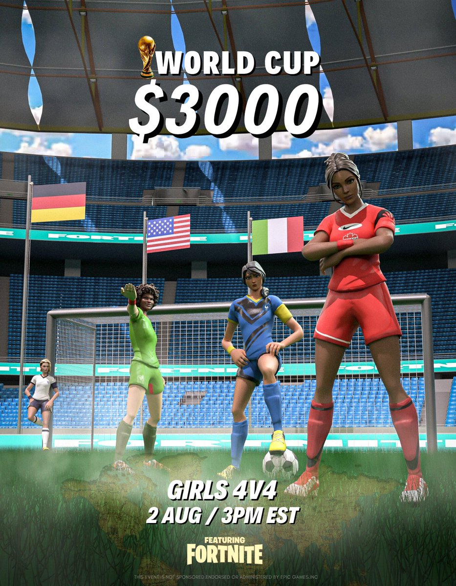 $3000 Girls 4v4 Build World Cup Edition! 

🌍: 16 countries (16 captain spots) 
📆: 02 Aug / 3PM EST
🎮: EU / Map TBC

Reply with your country and get your team ready!

*If your team have different nationalities, you MUST have at least 2 of the same nationality that you