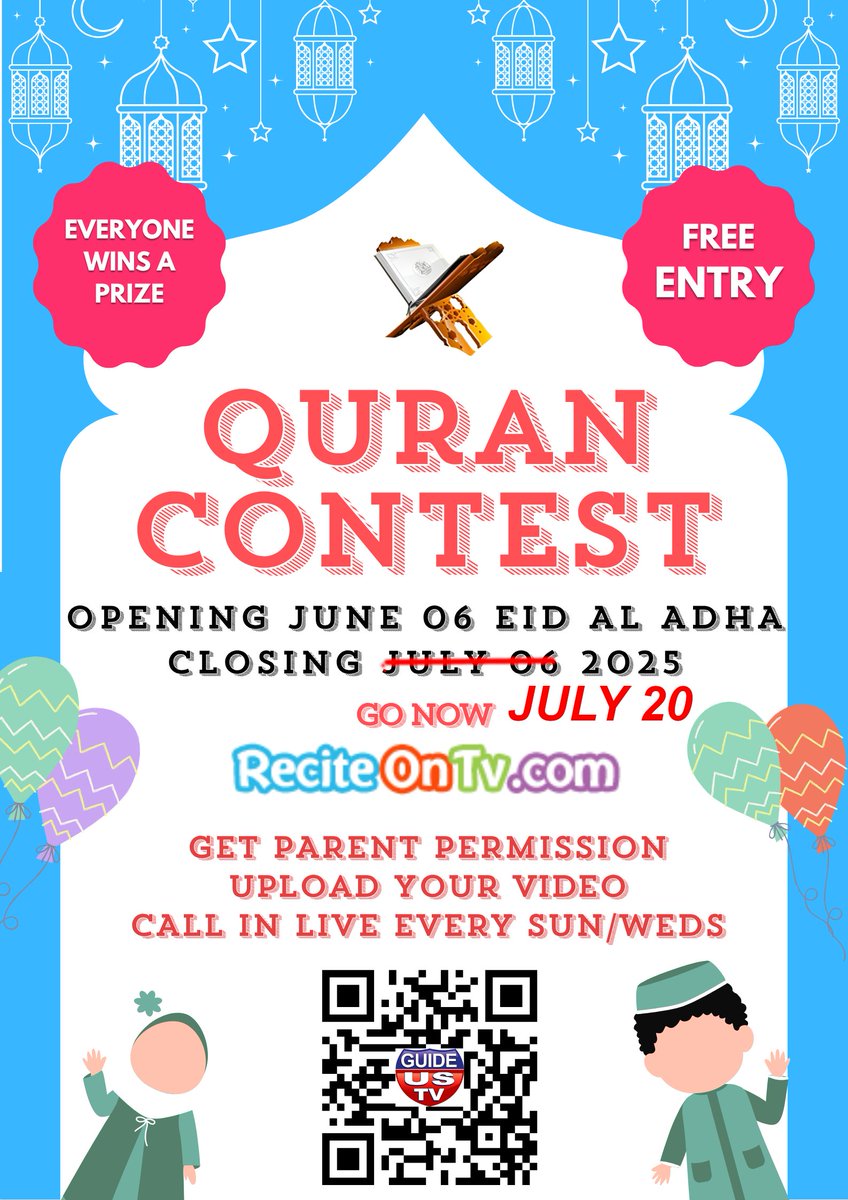 GuideUSTV's tweet image. reciteontv.com contest EXTENDED 2 weeks to give more time for our beloved Muslim kids to join! If you are a parent, make a video of your child reciting the Quran, then register on reciteontv.com and upload to join! Grand prize $1000!