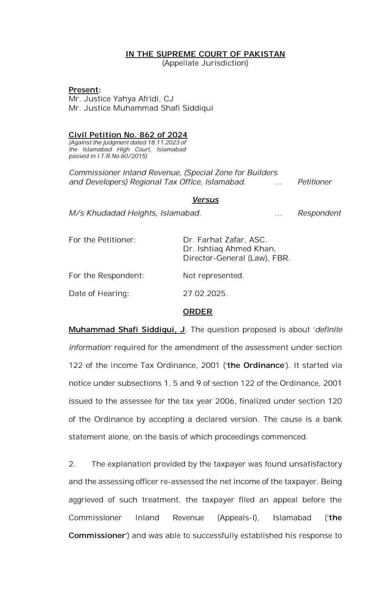بینک اسٹیٹمنٹ آمدن کا ثبوت نہیں – سپریم کورٹ کا تاریخی فیصلہ!

اس کیس میں ایف بی آر نے صرف بینک اسٹیٹمنٹس کی بنیاد پر انکم ٹیکس آرڈیننس 2001 کے سیکشن 122(5A) کے تحت ازسرنو اسیسمنٹ کی کارروائی شروع کی۔ ایف بی آر کا مؤقف تھا کہ ٹیکس دہندہ کے بینک اکاؤنٹ میں موجود کریڈٹ انٹریز