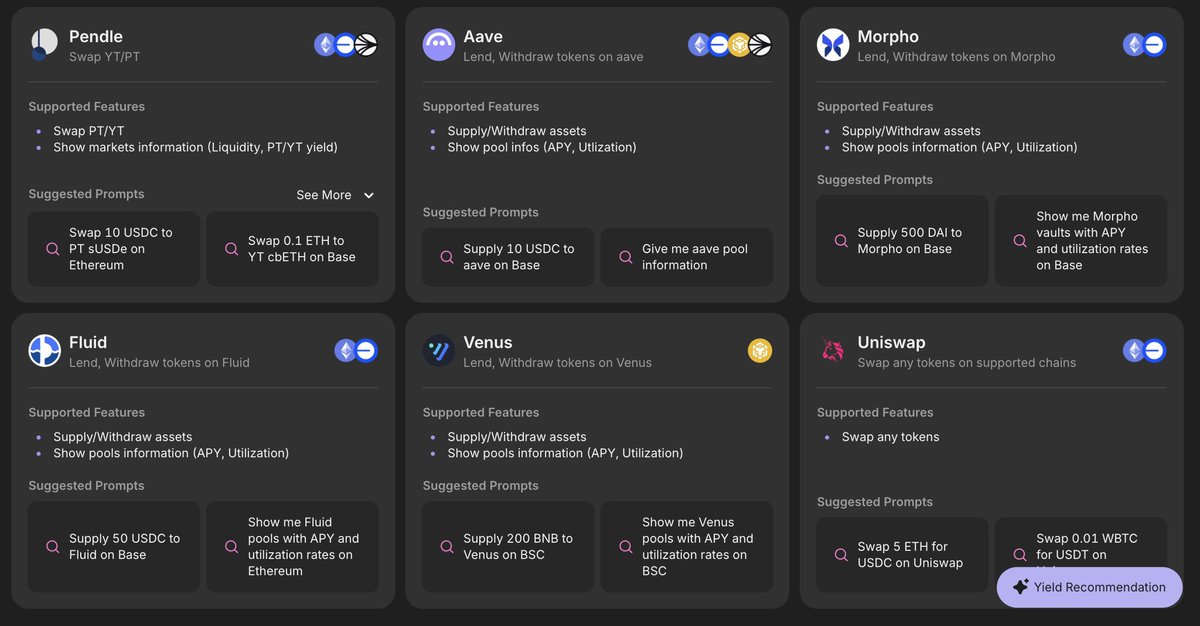 Went down the Infint Labs Rabbit Hole. 

Discovered they have 8 different AI Agents for specific tasks. 

- Execution 
- Research 
- Swap
- Buy PT/YT
- Lend
- Bridge 
- Stake 

Its like a complete application for defi actions without needing the complex defi knowledge. Identify