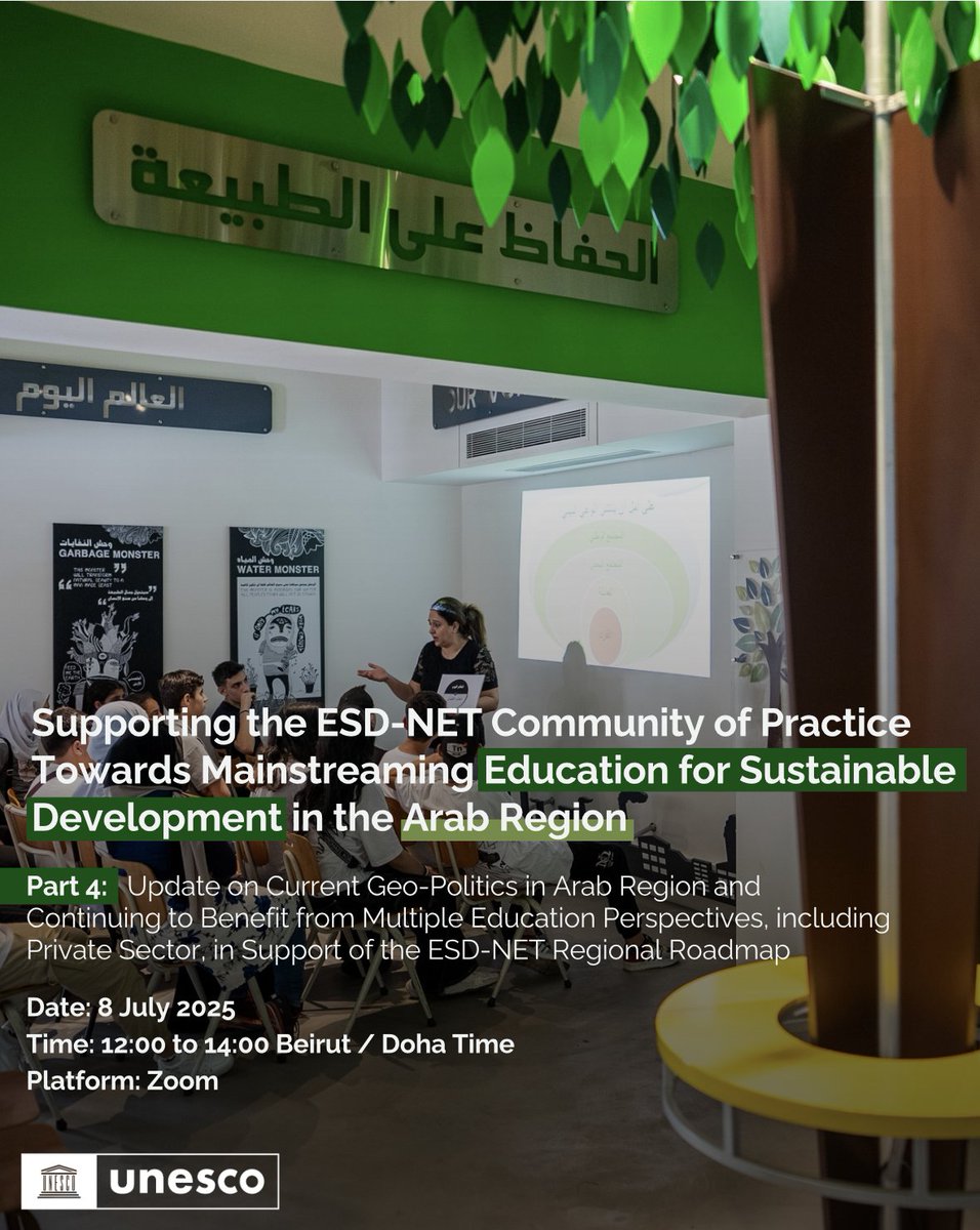 UNESCO_GCCYemen's tweet image. 📣 Join us for a regional #ESD dialogue!
📅 8 July
🕛 12:00–14:00 (Beirut)
💻 Zoom
@UNESCO invites the Arab Region’s #ESD-NET community & #education actors to Part 4 of the #ESD webinar series on geo-political updates & diverse education perspectives
🔗 bit.ly/44zuuzi