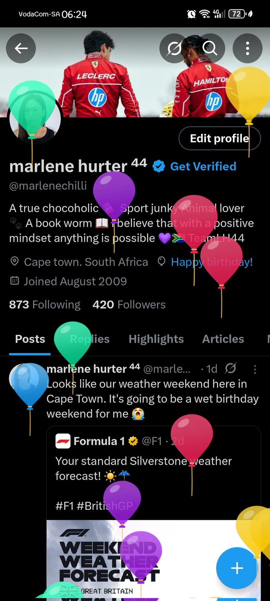 marlenechilli's tweet image. Happy Balloon Day for me. Wishing Lewis an awesome home race today 🙏🙌🏻