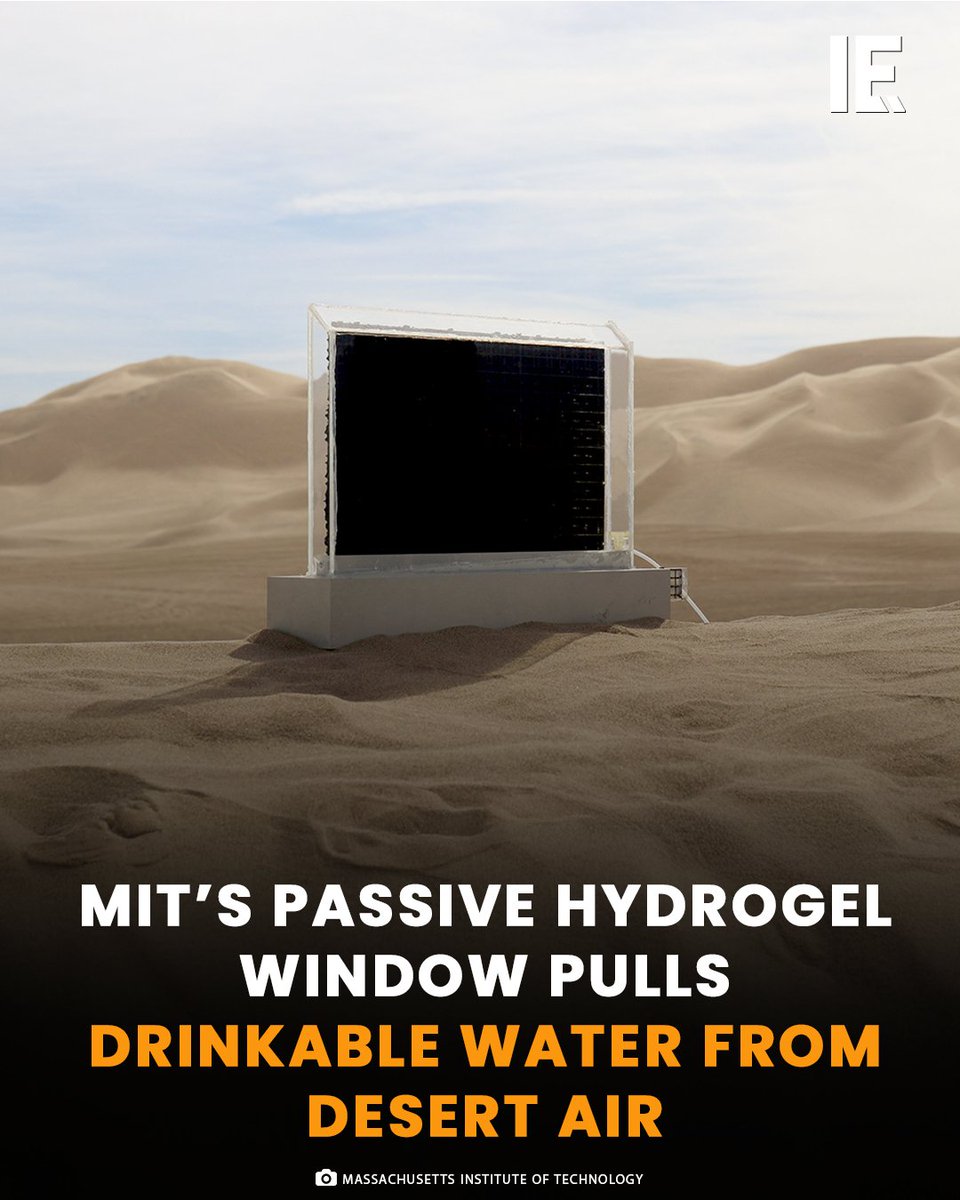 IntEngineering's tweet image. MIT researchers have created a portable, power-free window panel that extracts clean drinking water directly from the air. Using a layered hydrogel infused with glycerol and hygroscopic salts, the device collects moisture at night and releases it when heated by sunlight. Even in…