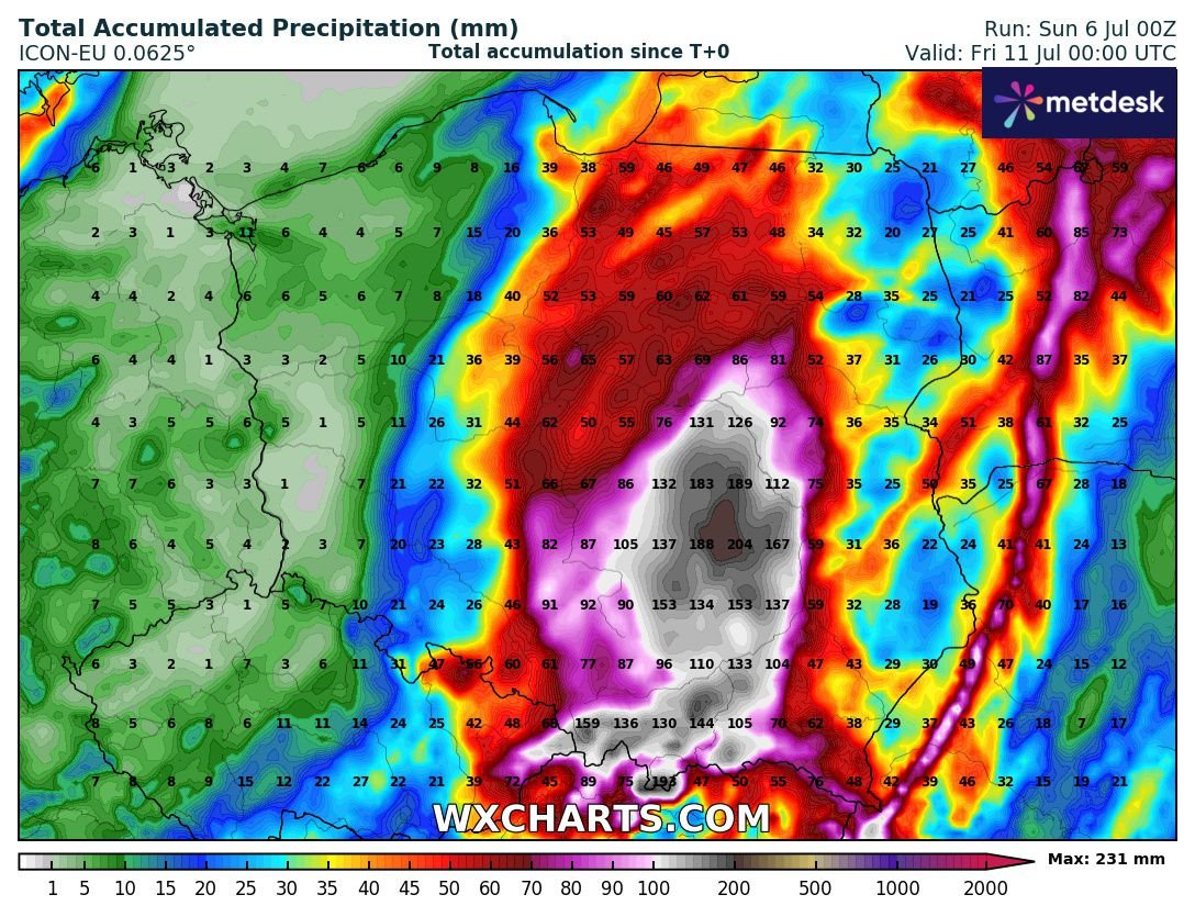 MeteoWlkp's tweet image. Niebezpieczny pod względem sum opadów niż dotrze w tym tygodniu do naszego kraju. Niedzielne, poranne aktualizacje modeli numerycznych prognozują 100-200 mm opadów nad Polską południową i centralną w okresie wtorek - piątek (8-11.07), z czego najwięcej w środę.
Grafiki: wxcharts