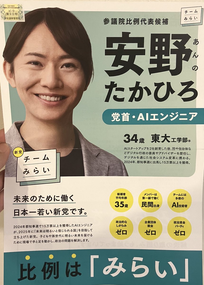 都知事選出てた安野さんが街頭演説してた。
チームみらいという新党で比例で出たらしい。
1議席取れたら政党助成金1.5億もらえるからそれでプログラマ数人雇って自治体向けのシステム？を作って無償配布してくれるんだって。
なにそれ使いたい。1議席でいいならできそう、推す。
#チームみらい
