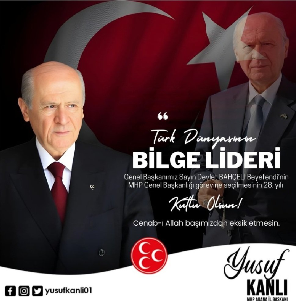 Türk Dünyasının Bilge Lideri Genel Başkanımız Sayın Devlet BAHÇELİ Beyefendi’nin <a href="/dbdevletbahceli/">Devlet Bahçeli</a> MHP Genel Başkanlığı görevine seçilişinin 28. yıl dönümü kutlu olsun.

Cenab-ı Allah başımızdan eksik etmesin. 🇹🇷