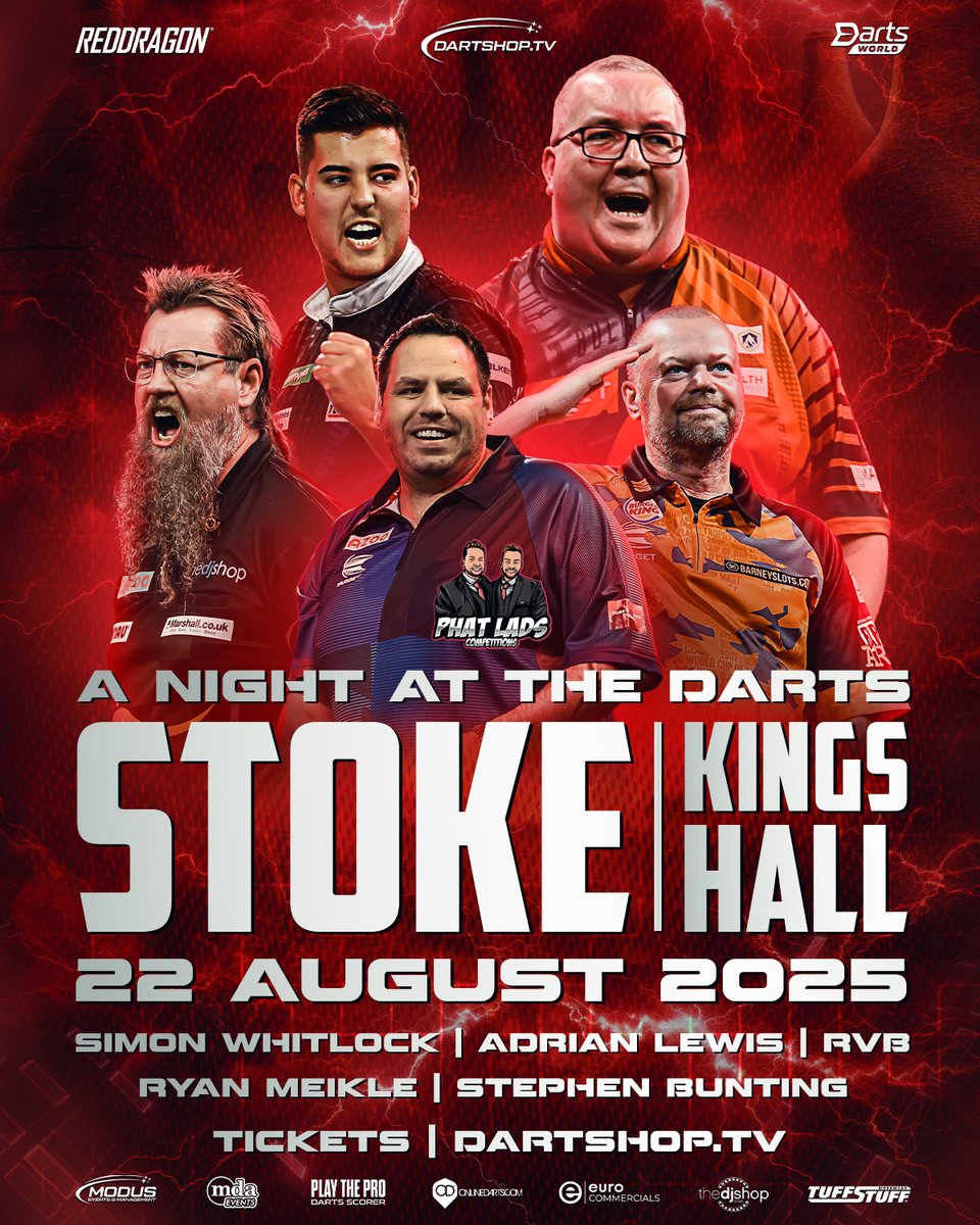 🎯We head to Stoke-On-Trent in August, as the Kings Hall hosts a top evening of tungsten!

Adrian Lewis heads home, and he is joined by fellow World Champions Stephen Bunting and Raymond van Barneveld.

Simon Whitlock and Ryan Meikle round off a stellar line-up in Staffordshire.