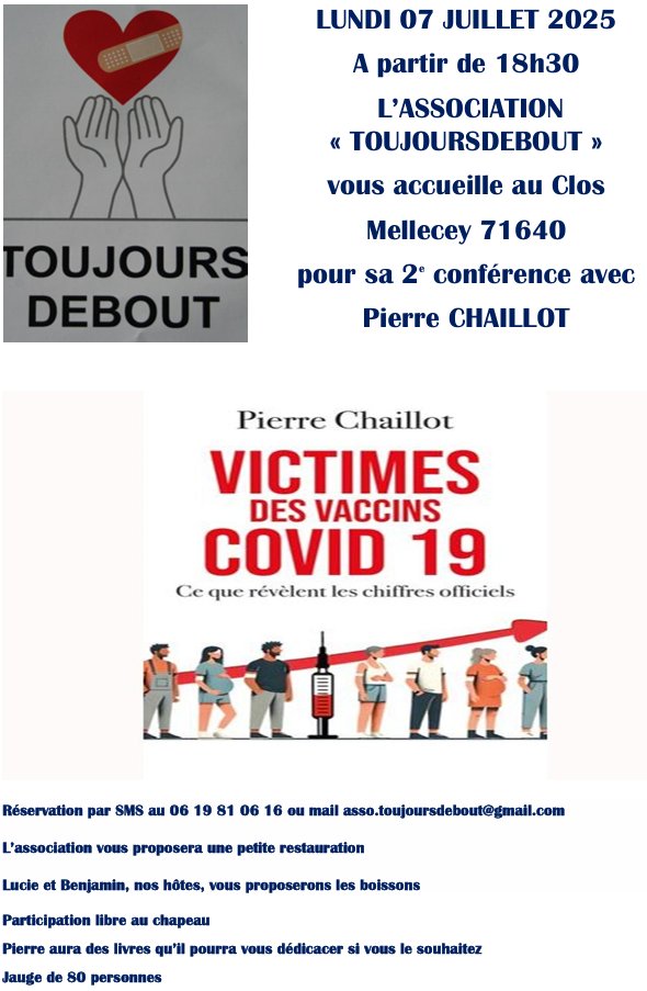 Rappel,
Pensez à réserver, les salles sont presque pleines !
3 conférences près de la frontière France-Suisse.
7 juillet 18h30 : Clos Mellecey (près de Chalon-sur-Saône, France 71)
10 juillet 19h : Lausanne (Suisse)
12 juillet 17h : Presinge (près de Genève, Suisse)
infos/résas👇