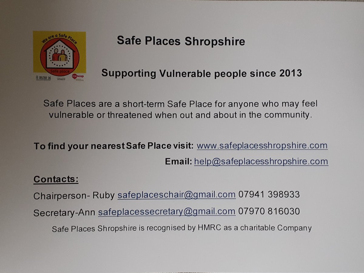 If you need to contact <a href="/SafePlaceShrops/">Safe Places Shrops</a>
See the picture below for our contact details. Find out more about our local community initiative at safeplacesshropshire.com <a href="/Rubygem4/">Ruby Hartshorn</a>
<a href="/hannah_gitto/">Hannah</a> <a href="/annhowells182/">Ann Howells</a>
Safe Places helps anyone who may feel vulnerable when out and about.