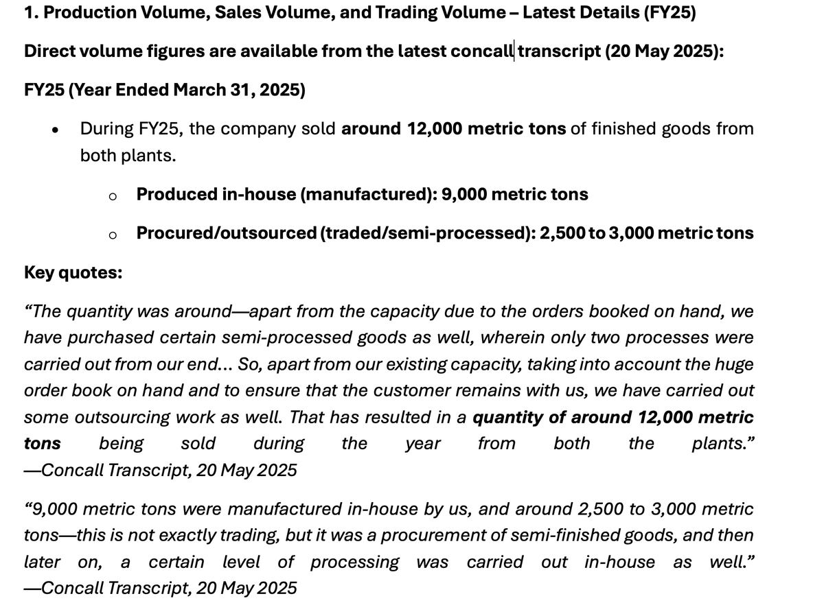 theHarshFolio (@theharshfolio) on Twitter photo Was surprised why Accent's MCC realizations looked very high (300/kg) vs Sigachi's (215/kg).
<a href="/screener_in/">Screener.in</a> AI resolved this in 5 mins: there was an additional 3k MT of semi-processed MCC above 9k MT manufactured. Realization corrected to ~220/kg.
Explosion in productivity ! Was surprised why Accent's MCC realizations looked very high (300/kg) vs Sigachi's (215/kg).
<a href="/screener_in/">Screener.in</a> AI resolved this in 5 mins: there was an additional 3k MT of semi-processed MCC above 9k MT manufactured. Realization corrected to ~220/kg.
Explosion in productivity !