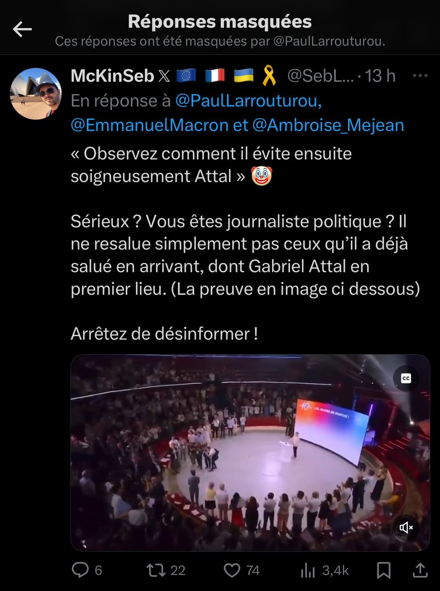 McKinSeb 𝕏 🇪🇺 🇫🇷 🇺🇦🎗️ (@seblambda) on Twitter photo <a href="/PaulLarrouturou/">Paul Larrouturou</a> <a href="/EmmanuelMacron/">Emmanuel Macron</a> <a href="/Ambroise_Mejean/">Ambroise Méjean</a> Je reposte mon commentaire qui a été masqué simplement car il rappelle un fait !
C’est ça la déontologie des journalistes ? <a href="/PaulLarrouturou/">Paul Larrouturou</a> <a href="/EmmanuelMacron/">Emmanuel Macron</a> <a href="/Ambroise_Mejean/">Ambroise Méjean</a> Je reposte mon commentaire qui a été masqué simplement car il rappelle un fait !
C’est ça la déontologie des journalistes ?