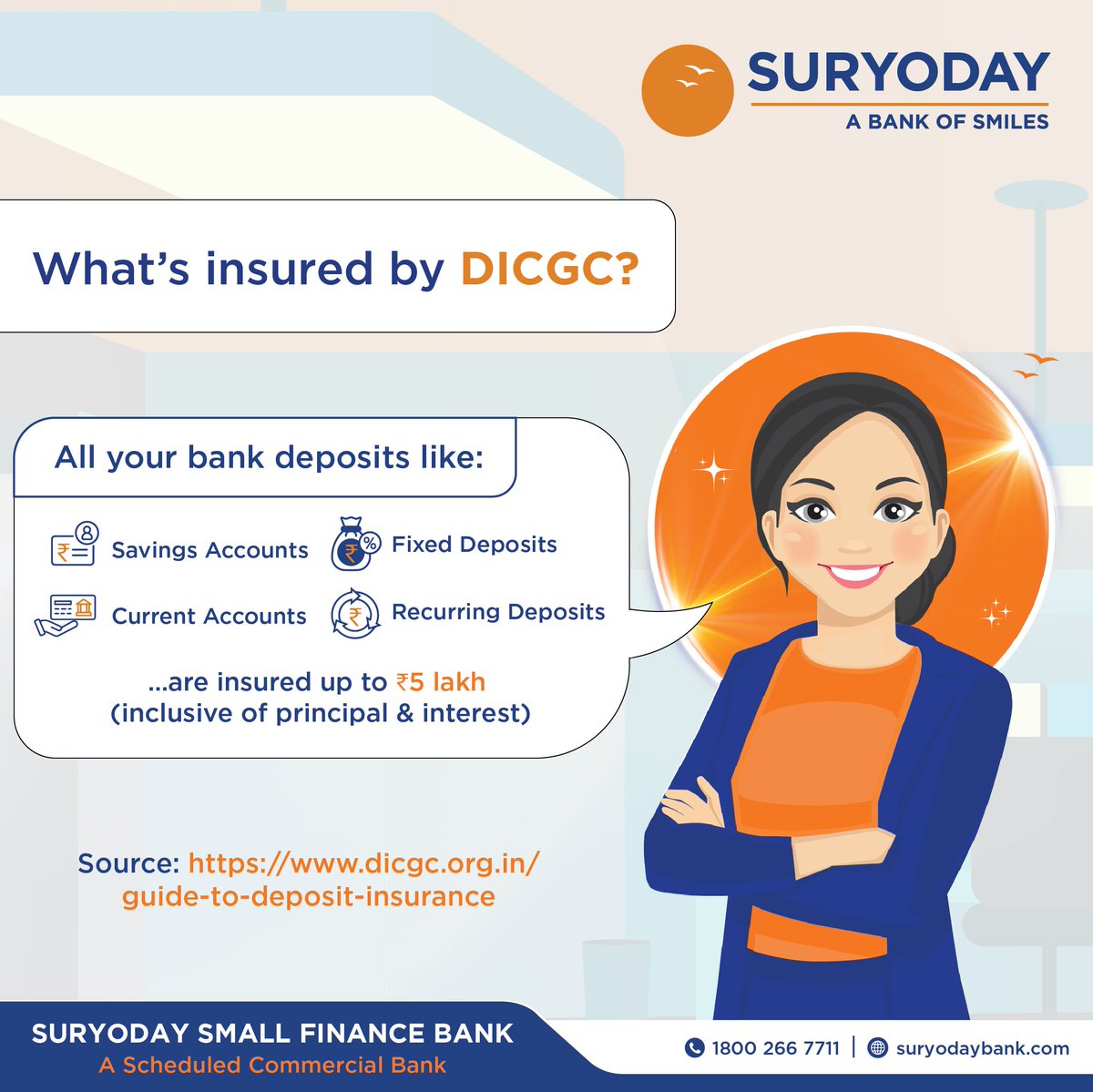 SuryodayBank's tweet image. #DICGC is a subsidiary of RBI. It provides insurance coverage for deposits of up to ₹ 5 Lakh per depositer, per bank. For more details, visit dicgc.org.in

#insurance #investments #financialsecurity #deposits #coverage #8yearsofsmiles #ssfb #suryodaybank #bankofsmiles