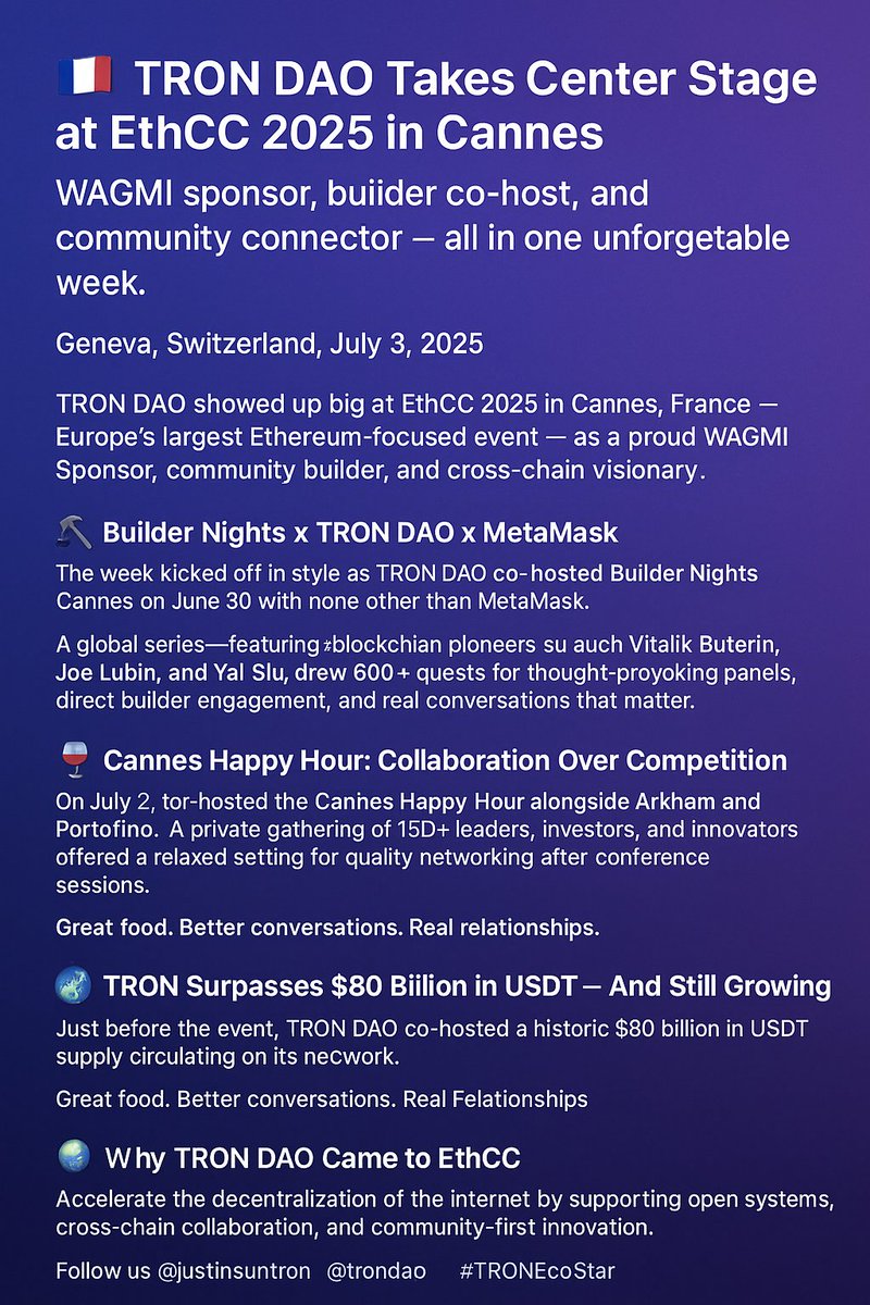 🇫🇷 TRON DAO Shines at EthCC 2025 in Cannes

From co-hosting iconic events to championing stablecoin leadership, TRON DAO made waves in the heart of the Ethereum community.

Geneva, Switzerland — July 3, 2025 — At EthCC 2025 in Cannes — Europe’s premier Ethereum event — TRON DAO
