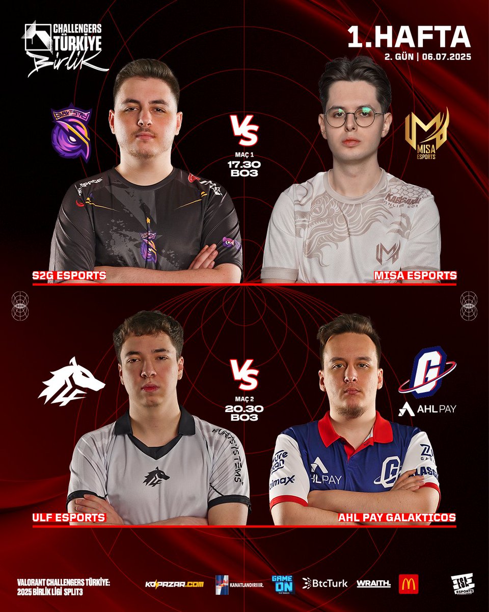 Split 3 heyecanı tüm hızıyla devam ediyor!

17.30 | <a href="/S2GEspor/">S2G Esports</a> 🆚 <a href="/misaesports/">Misa Esports</a> 
20.30 | <a href="/ULFesports_GG/">ULF Esports</a> 🆚 <a href="/TeamGalakticos/">AHL Pay Galakticos</a> 

#ChallengersTR #PartnerlikYolu