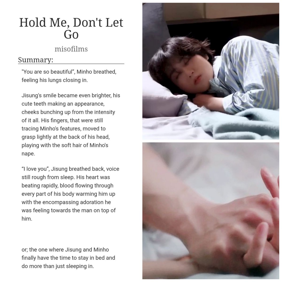misofields's tweet image. "Hold Me, Don't Let Go"
— canon compliant, established relationship, porn with feelings. mnho cums on jsvng's belly button.
link in replies.