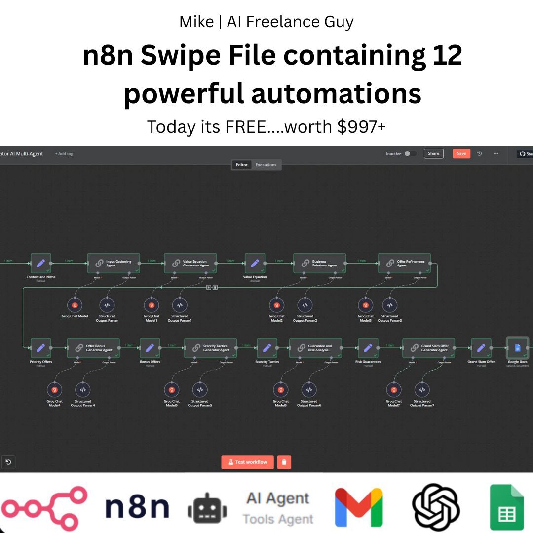 For the next 24 hours you can STEAL my n8n swipe file containing 12+ automation's.

All of these can be setup within 60 MINS and SAVE you 10+ HOURS per week.

Easily worth $997+
Today It's yours for FREE

👉RT + Like &amp; Comment “n8n” and I’ll DM you the file
(Must be following)
