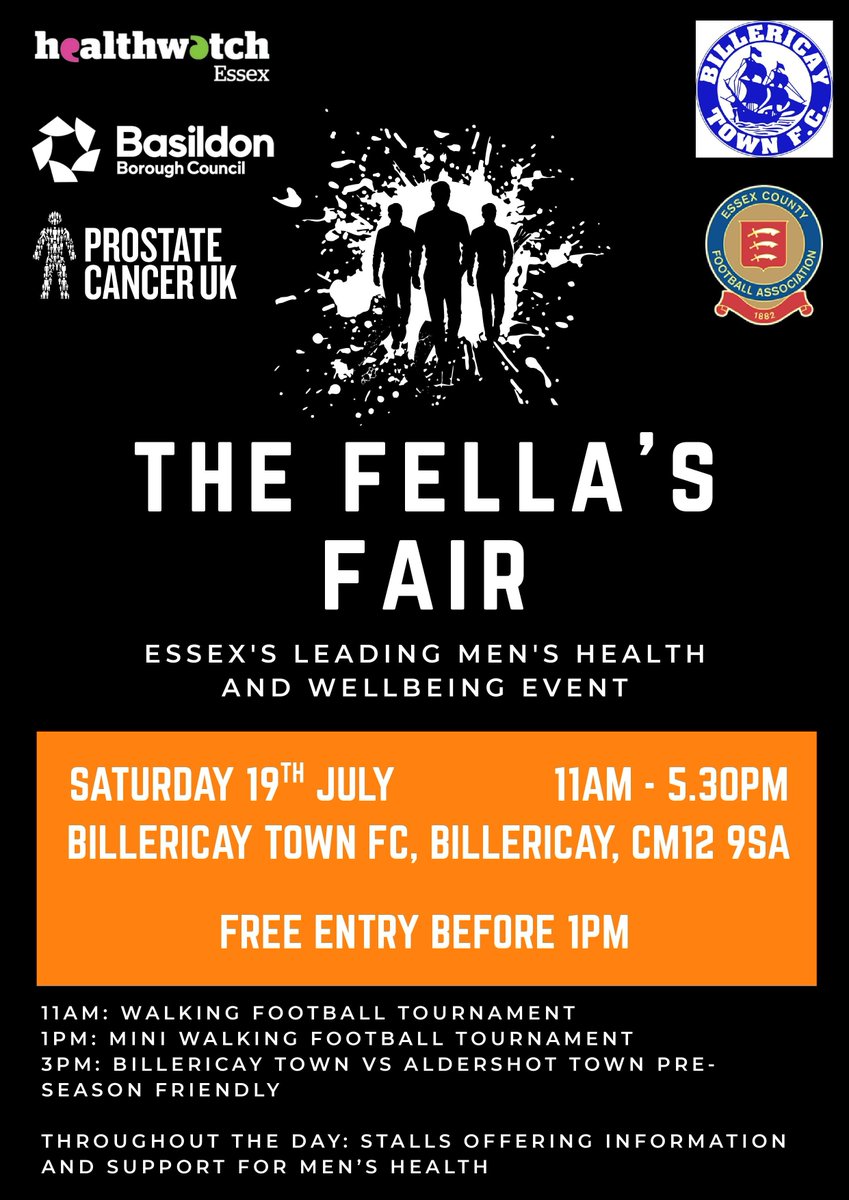 Essex County FA (@essexcountyfa) on Twitter photo On Saturday 19th July, <a href="/BTFC/">Billericay Town FC</a> will become the proud host of ‘The Fella’s Fair’, a pioneering men’s health awareness event delivered by <a href="/HWEssex/">Healthwatch Essex</a> in partnership with <a href="/ProstateUK/">Prostate Cancer UK</a> and #Basildon Council: essexfa.com/news/2025/jun/… On Saturday 19th July, <a href="/BTFC/">Billericay Town FC</a> will become the proud host of ‘The Fella’s Fair’, a pioneering men’s health awareness event delivered by <a href="/HWEssex/">Healthwatch Essex</a> in partnership with <a href="/ProstateUK/">Prostate Cancer UK</a> and #Basildon Council: essexfa.com/news/2025/jun/…