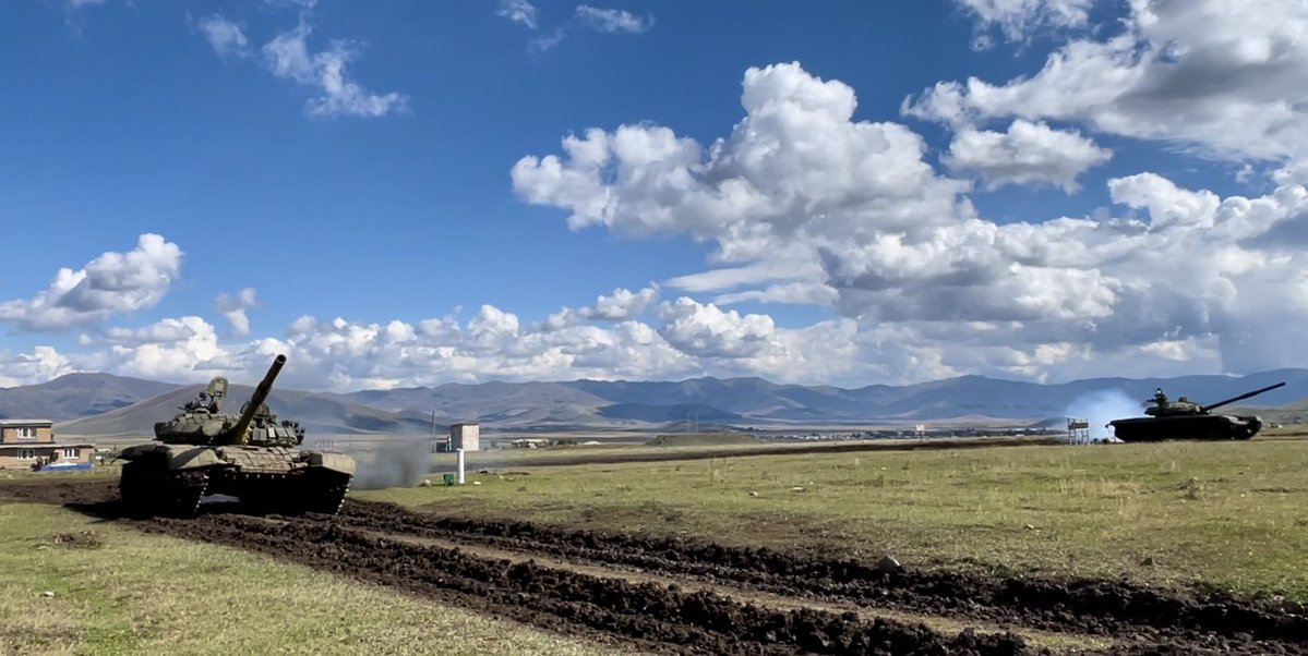 NKobserver's tweet image. On 4 July, T-72 units from #Russia's 102nd base in Gyumri, #Armenia carried out live fire drills at the Alagyaz training ground with 50 different targets, in addition to drills with tank drivers/mechanics completing obstacle course aimed at boosting reaction speed, technical…