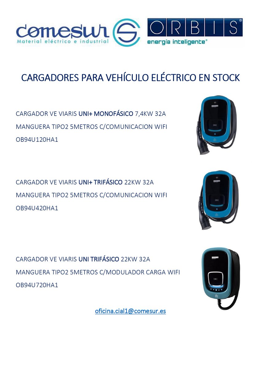 🔌Cargadores de vehículo eléctrico en stock
 Consulta los precios en:
📧 oficina.cial1@comesur.es