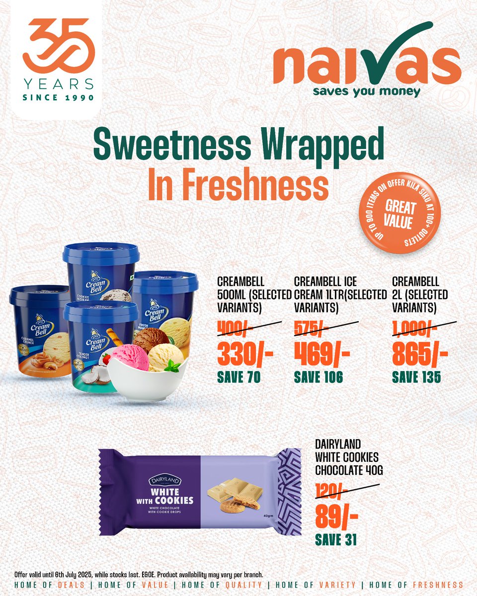 Hata weather ya leo imekubali a sweet treat!Uzuri ya ice cream za Naivas ni, utazipata on offer na unaeza order online through the Naivas App: naivas.online 🤣
Leo unacrave for flavor gani?

📌Valid until 6/7/2025
#NaivasAt35 #CelebrateNaivasAt35 #35YearsOfDeals