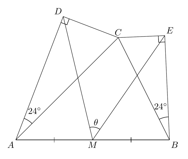 ∠CAD=∠CBE=24°, ∠ADC=∠BEC=90°, AM=BM
∠DME = ?