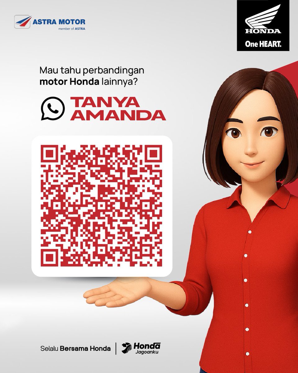 Sudahi galaumu saat memilih motor Honda favoritmu! Amanda siap infokan spesifikasi motor yang sesuai dengan kebutuhan kamu!

Scan barcode-nya dan chat Amanda sekarang 🙌

#Honda #HondaJagoanku #Amanda #SelaluBersamaHonda