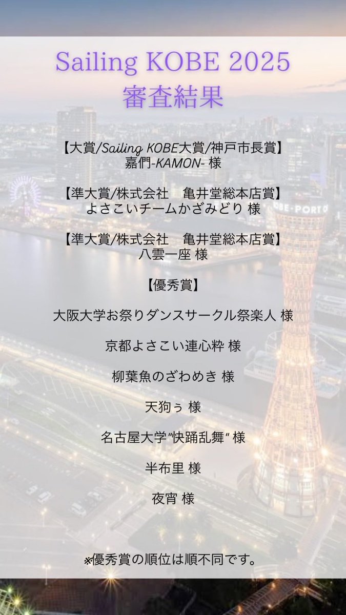 【Sailing KOBE 2025審査結果】
Sailing KOBE 2025の審査結果は写真の通りです！
誠におめでとうございます㊗️🎉
#SailingKOBE  #よさこい #メリケンパーク
#sailingkobe2025