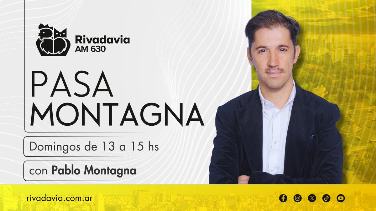 Radio Rivadavia (@rivadavia630) on Twitter photo #AHORA | Escuchá #pasamontagna con <a href="/pablomontagna/">Pablo Montagna</a> y equipo en #Rivadavia630 de 13 a 15 hs.
👂🏻Escuchalo en:
📻#AM630
💻rivadavia.com.ar
📱App Radio Rivadavia
▶️ YT: youtube.com/live/nt0SpvQFU… #AHORA | Escuchá #pasamontagna con <a href="/pablomontagna/">Pablo Montagna</a> y equipo en #Rivadavia630 de 13 a 15 hs.
👂🏻Escuchalo en:
📻#AM630
💻rivadavia.com.ar
📱App Radio Rivadavia
▶️ YT: youtube.com/live/nt0SpvQFU…