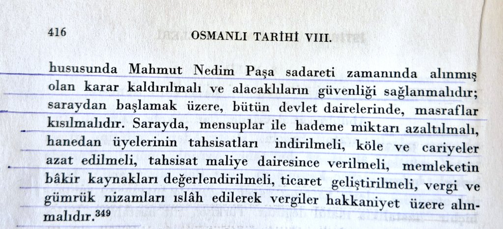 "Abdülhamit II.'ye Mithat Paşa'nın tavsiyeleri: 
- Alacaklıların güvenliği sağlanmalı
- Saraydan başlamak üzere masraflar kısılmalı
- Sarayda çalışan sayısı azaltılmalı
- Hanedanın tahsisatları kısıtlanmalı
- Vergi düzeni ıslah edilip, vergiler hakkaniyetle alınmalı"

E.Z. Karal