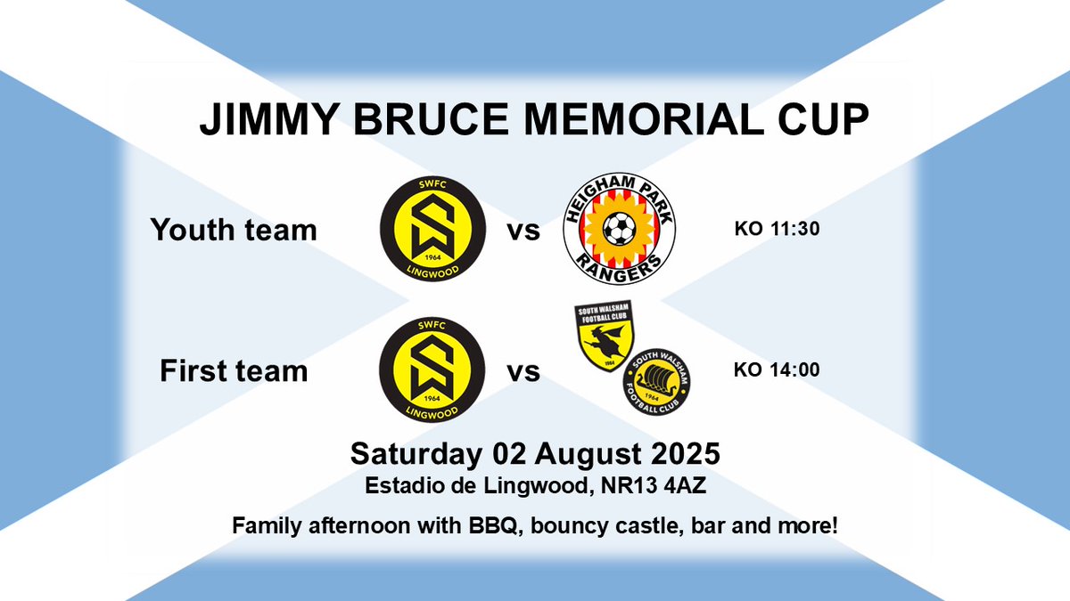 SWFC Lingwood (@southwalshamfc) on Twitter photo Further details for the Jimmy Bruce Cup on 2 August, with the youth team kicking off proceedings with a game against <a href="/hprangers1/">Heigham Park Rangers</a> at 11:30, before the first team take on an invitational XI.
Looks like a great day in store so make sure to come down to Lingwood on 2nd August! Further details for the Jimmy Bruce Cup on 2 August, with the youth team kicking off proceedings with a game against <a href="/hprangers1/">Heigham Park Rangers</a> at 11:30, before the first team take on an invitational XI.
Looks like a great day in store so make sure to come down to Lingwood on 2nd August!