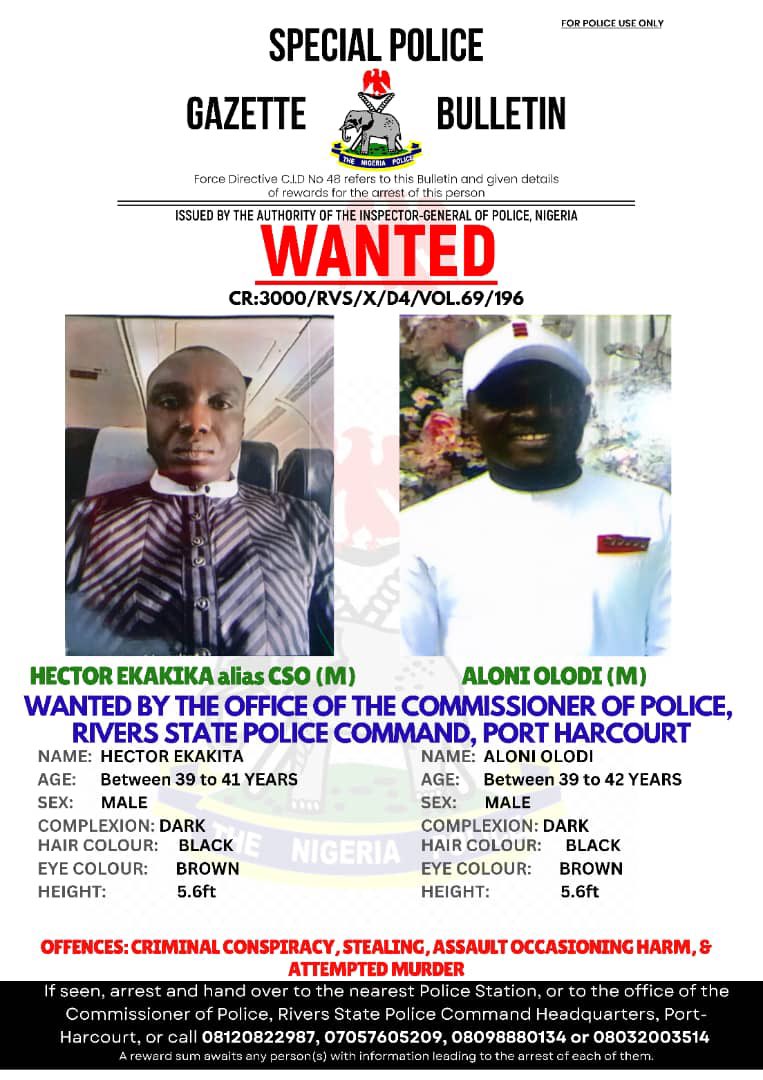 Rivers State Police Command (@riverspoliceng) on Twitter photo RIVERS STATE POLICE COMMAND
PRESS RELEASE: POLICE DECLARE SUSPECTS WANTED FOR CRIMINAL CONSPIRACY, STEALING, ASSAULT OCCASIONING HARM, AND ATTEMPTED MURDER
<a href="/Princemoye1/">Prince Olumuyiwa Adejobi</a> <a href="/PoliceNG/">Nigeria Police Force</a> <a href="/Grace_Iringe/">SP Grace Iringe-koko</a> <a href="/phspecials/">Portharcourt Specials</a> <a href="/AskPHPeople/">Port Harcourt People</a> RIVERS STATE POLICE COMMAND
PRESS RELEASE: POLICE DECLARE SUSPECTS WANTED FOR CRIMINAL CONSPIRACY, STEALING, ASSAULT OCCASIONING HARM, AND ATTEMPTED MURDER
<a href="/Princemoye1/">Prince Olumuyiwa Adejobi</a> <a href="/PoliceNG/">Nigeria Police Force</a> <a href="/Grace_Iringe/">SP Grace Iringe-koko</a> <a href="/phspecials/">Portharcourt Specials</a> <a href="/AskPHPeople/">Port Harcourt People</a>