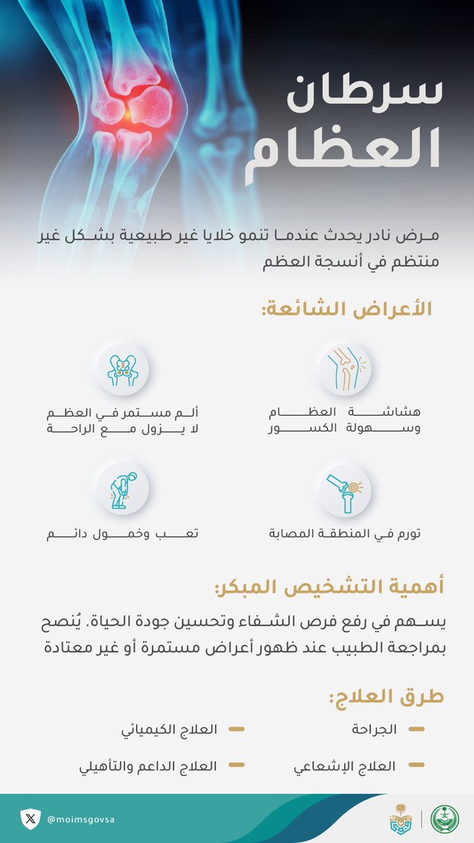 الوعي المبكر بأعراض سرطان العظام .. يؤدي إلى تشخيص أسرع ونتائج علاجية أفضل.

⁧#الخدمات_الطبية⁩ 
⁧#الشهر_العالمي_لسرطان_العظام
