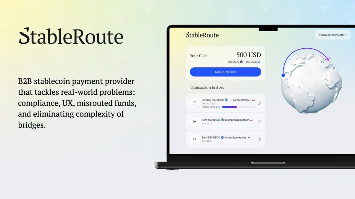 andriibondards's tweet image. 36 hours of building at @ETHGlobal, and we have StableRoute 🌏
StableRoute is the stablecoin payment system that tackles compliance, UX, and misrouted funds for global businesses.
It solves the following real-world problems:
✅ Stablecoins can be received by a wrong person.
✅…