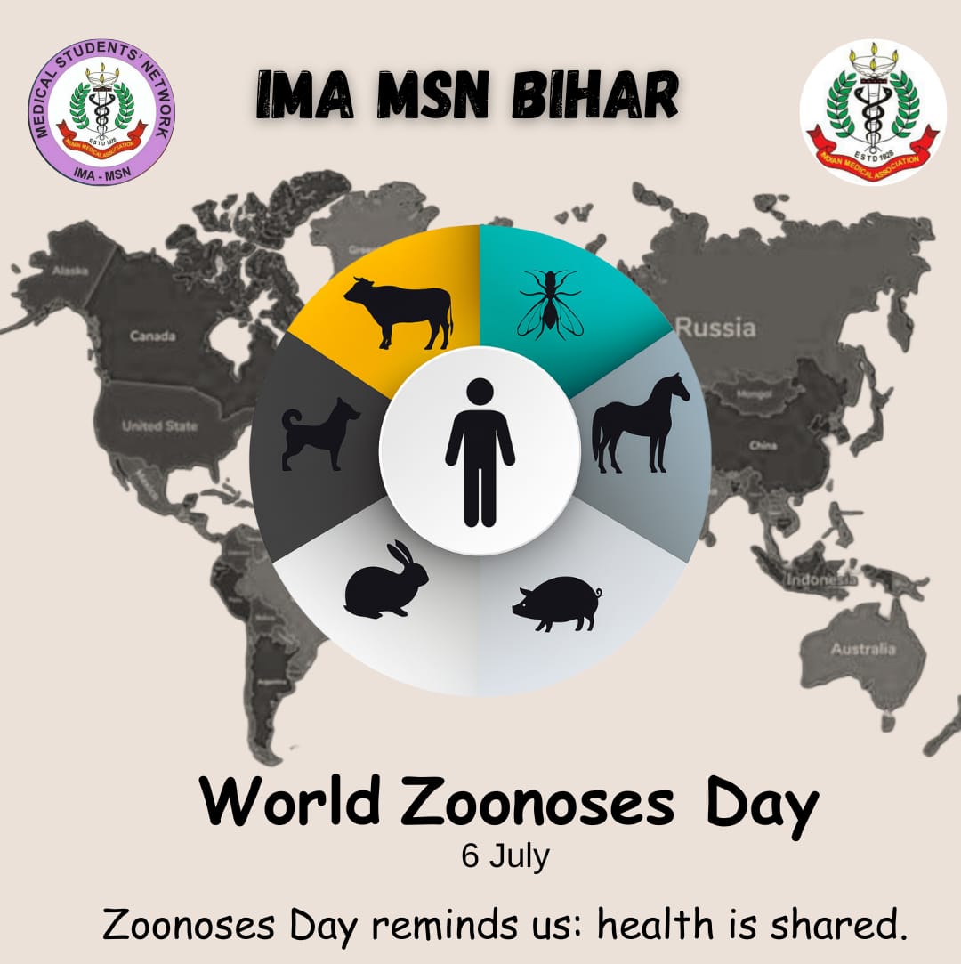 On World Zoonoses Day,
IMA-MSN Bihar spreads awareness about diseases transmitted from animals to humans.

Let’s work together to prevent future outbreaks through One Health.
Stay aware, stay safe.

#WorldZoonosesDay #IMAMSNBihar #OneHealth #ZoonoticAwareness #HealthForAll