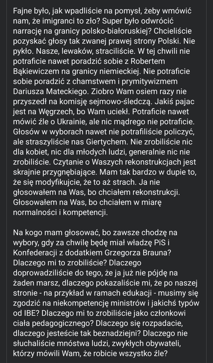 Jestem zbyt drobnym ziarnkiem piasku, żeby ktoś na to zareagował, ale to jest napisane tak bardzo w punkt, że żałowałbym nie puszczając dalej.
FB:  facebook.com/share/p/19pA9B…

<a href="/EMichalik/">Eliza Michalik</a> <a href="/donaldtusk/">Donald Tusk</a> <a href="/NocnaZ/">Mesuret</a> <a href="/Pazdziernikowa/">Październikowa</a> <a href="/szymon_holownia/">Szymon Hołownia</a> <a href="/Bart_Wielinski/">Bartosz T. Wieliński 🇵🇱🇪🇺🇺🇦</a> <a href="/kolter_hugh/">Kolter-Kolter.. 🇵🇱🇩🇪🇺🇦🇮🇱</a> <a href="/m_ignatowska/">Monika Ignatowiczówna</a>