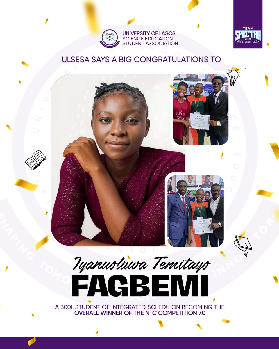 ulsesa01's tweet photo. ULSESA says a BIG Congratulations to Fagbemi Iyanuoluwa Temitayo, a 300L student of Integrated sci edu on becoming the overall winner of the NTC competition 7.0. Your victory inspires our community and thanks for putting University of Lagos at the very TOP!
#NTC https://t.co/KYKHGuRvY1