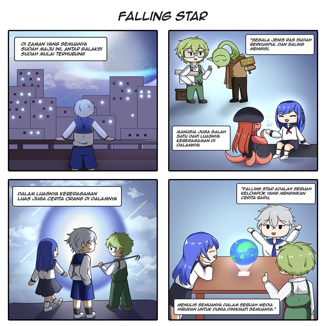 Kini langit tak lagi terpisah, perlahan terhubung menyatukan galaksi demi galaksi. Falling Star menjadi tempat bernaungnya mimpi-mimpi, menjalin koneksi antar jiwa, menghadirkan cahaya di hari-hari yang terasa hampa.

#FallingStar #VTuber #VTuberID #ShineTogether #ComicFSProject