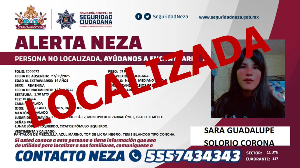 ✅ #AlertaNeza| Agradecemos tu ayuda, #Sara Guadalupe Solorio Corona, ha sido localizada.
