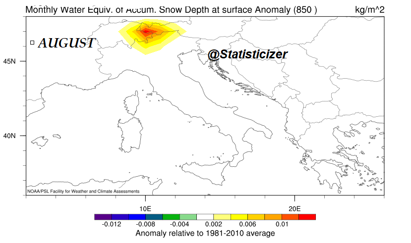 Statisticizer's tweet photo. 🌨️ Early Signs of Summer and Autumn Snow?
#August_September
What the Latest Statistical Outlook Suggests for Southern Europe & Anatolia ❄️
Based on updated statistical analog modeling that considers multi-variable patterns and climate signals, certain regions may see increased odds for early snow signals in the coming months:
✔️ August Outlook:
Raised likelihood of snow anomalies over the Alps and along the Georgia–Russia border region, near the northwestern Caspian Sea.
Southern Europe and Anatolia show no broad snow risk yet, but northern highlands start showing weak signals, The Swiss and Italian Alps ( highlands) may see good chances of snowfall however .
✔️ September Outlook:
Snow odds expand into parts of southern-central Europe, including the Balkans, with signals suggesting the possibility of an earlier-than-normal snow advance in some areas . The regions highlighted (yellow-orange-red colors ) include areas within Hungary, Slovakia, Austria, Czech Republic, Ukraine, Romania, Serbia, and Moldova, extending further northeast into Belarus and southern Russia, especially near the border regions. In addition, a secondary snow anomaly signal appears along the southern Caucasus, specifically over Georgia and adjacent areas of southern Russia plus France North and Germany South Regions also during September .
These findings indicate that portions of the (Carpathian Mountains), the Balkans, and areas stretching from Ukraine to western Russia may face an elevated risk of early or enhanced snow depth during September, based on the historical analog model nonetheless .
⚠️ This is not a deterministic weather forecast but rather a probabilistic statistical signal, highlighting regions where the atmosphere tends to lean toward earlier snow, based on historical analog patterns and current climatic conditions.
🔎 Statistical modeling by @Statisticizer, combining updated causal and statistical data for seasonal insight.