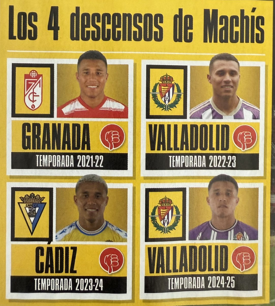 Cuatro descensos consecutivos a 2ª…

Seguramente sea anecdótico pero a ver que Primera se atreve a ficharlo 😳