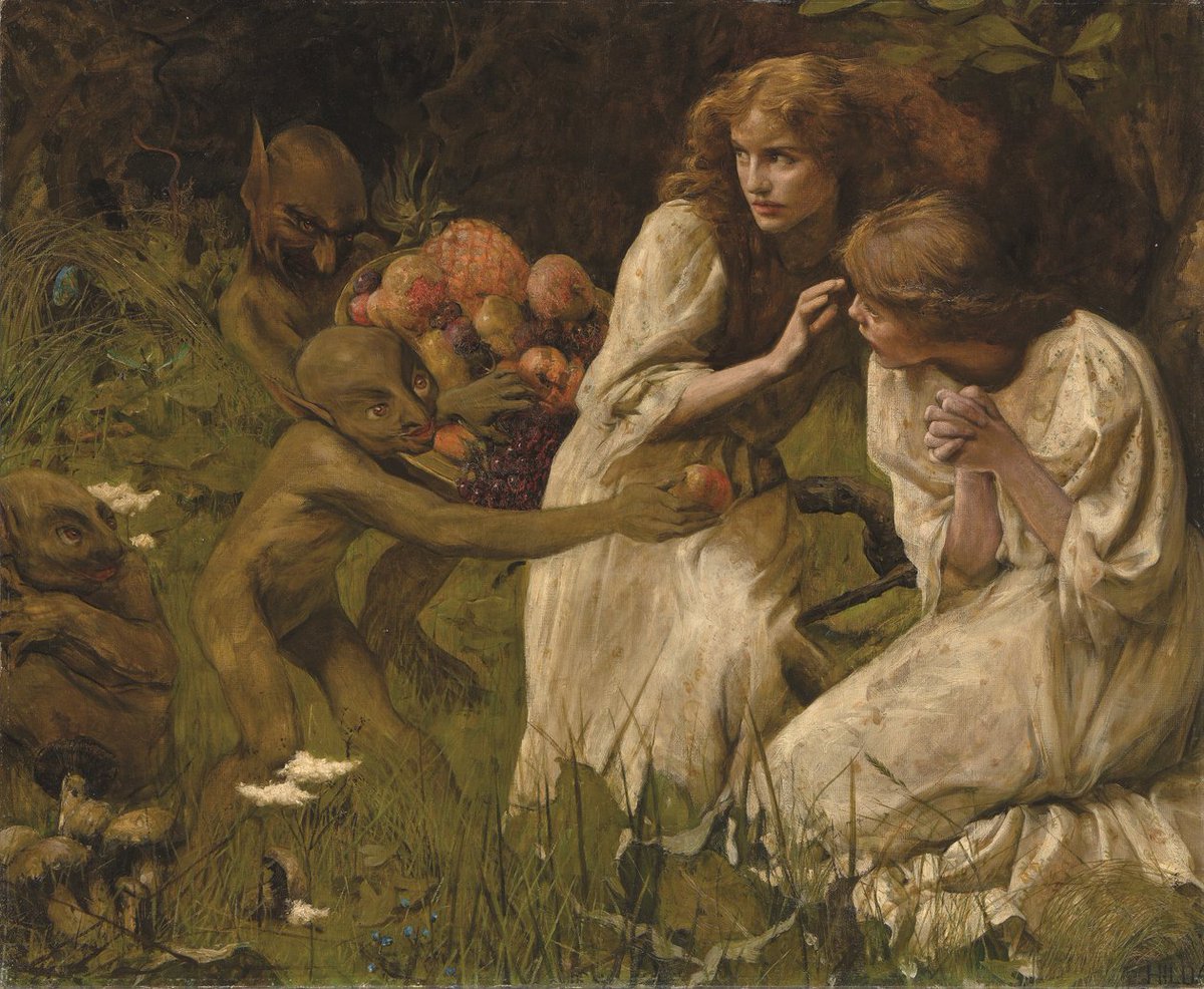 BRITISH GOBLINS This remarkable painting is inspired by Rossetti's 1862 poem 'Goblin Market'. It's painted by English artist Hilda Koe (c. 1901).
'We must not look at goblin men,
We must not buy their fruits:
Who knows upon what soil they fed
Their hungry thirsty roots?'