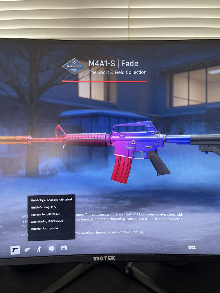 b0ltCS2's tweet image. Would anyone be interested in trading for a 100% fade M4a1s? Yes it’s actually 100% pattern 374. Ss for reference to what it is . DMs is probably fastest way to contact me. If I do trade it away in a couple days I’ll do a 50$ giveaway for the peeps who reposted for me.