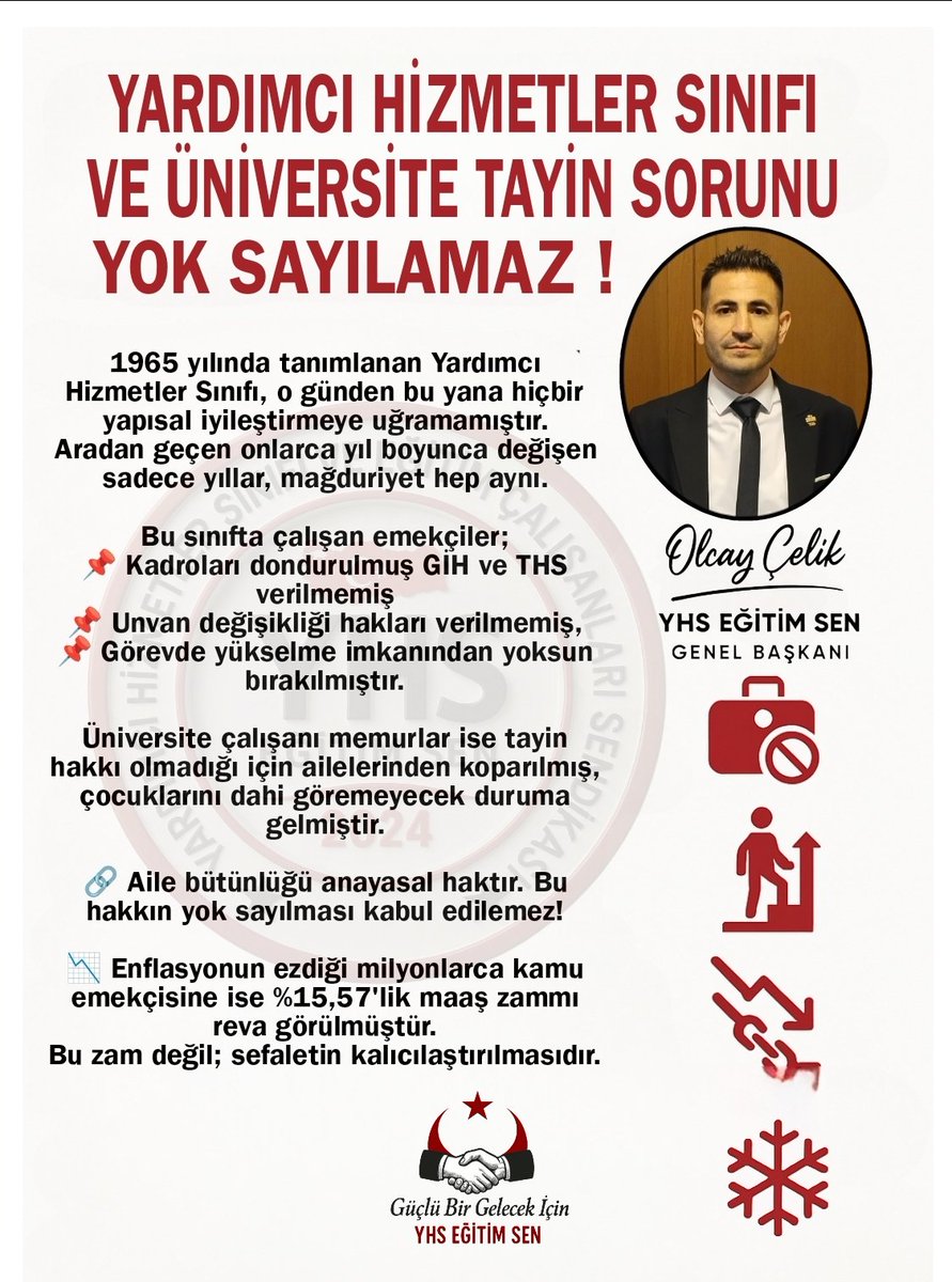 YARDIMCI HİZMETLER SINIFI VE ÜNİVERSİTE TAYİN SORUNU YOK SAYILAMAZ!

1965 yılında tanımlanan Yardımcı Hizmetler Sınıfı, o günden bu yana hiçbir yapısal iyileştirmeye uğramamıştır.
Aradan geçen onlarca yıl boyunca değişen sadece yıllar, mağduriyet hep aynı.

📌 Bu sınıfta çalışan
