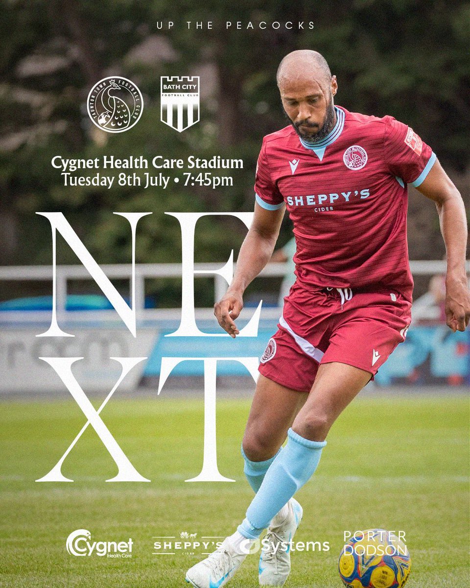 Join us in midweek as The Romans come to town.

Taunton Town host Enterprise National South side Bath City on Tuesday night for their next pre-season challenge.

🆚 Bath City
🏟️ Cygnet Health Care Stadium
🎟️ buff.ly/Ae9lTUL
🕖 7:45pm

#UpThePeacocks 🦚