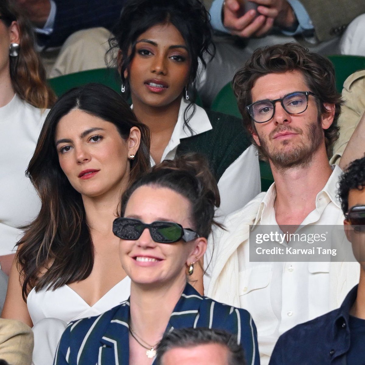 charithrafiles's tweet image. Charithra Chandran, Monica Barbaro, and Andrew Garfield at Wimbledon