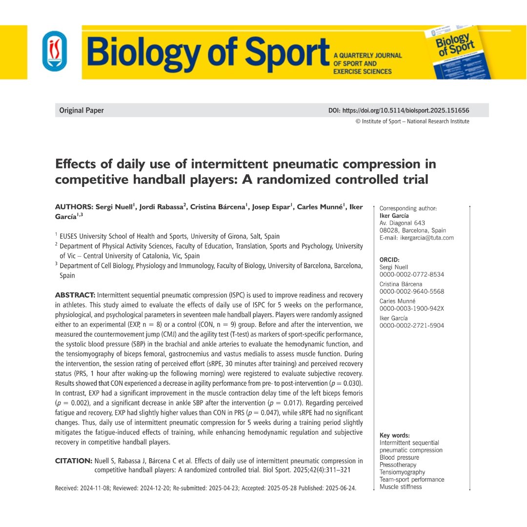 BiolSport's tweet photo. Daily use of intermittent pneumatic compression for 5 weeks during training slightly reduces fatigue effects and enhances hemodynamic regulation &amp; perceived recovery in competitive handball players
✍️Sergi Nuell, Jordi Rabassa, Cristina Bárcena et al.
🔓🔗https://t.co/aSPDLwumrW https://t.co/ZveoHSE3cm