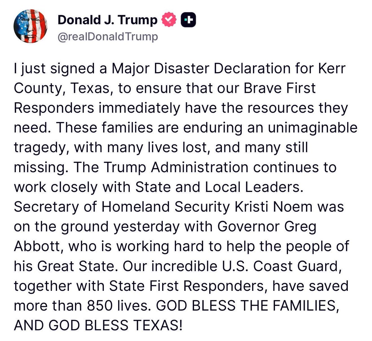 Secretary Kristi Noem (@sec_noem) on Twitter photo Thank you <a href="/POTUS/">President Donald J. Trump</a> Trump.
We are currently deploying federal emergency management resources to Texas first responders, and will work closely with state and local authorities to ensure the people of Texas get the support they need as search efforts continue and recovery begins. Thank you <a href="/POTUS/">President Donald J. Trump</a> Trump.
We are currently deploying federal emergency management resources to Texas first responders, and will work closely with state and local authorities to ensure the people of Texas get the support they need as search efforts continue and recovery begins.